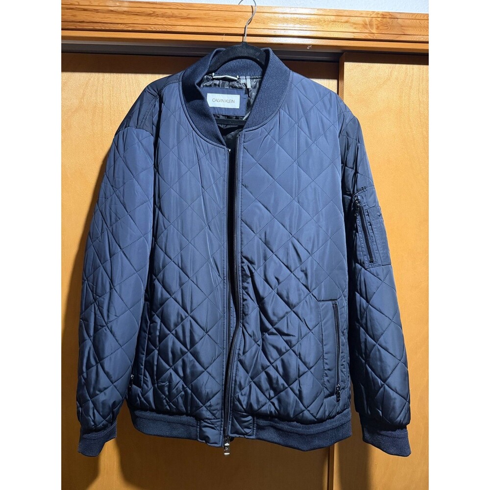 Calvin Klein Men's Navy Blue Quilted Bomber Jacket Full Zip Band Collar Size XXL